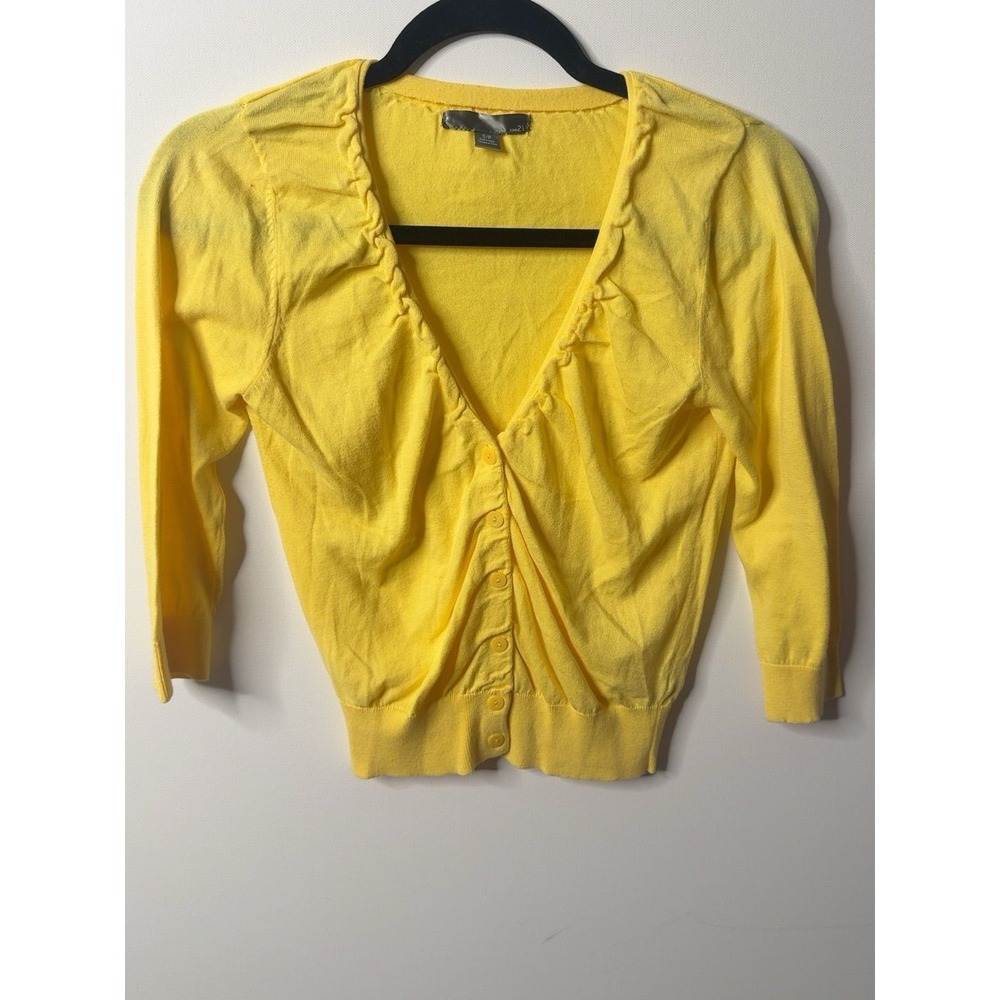 Love21 Bright Yellow Ruffle-trim Short Cardigan Small Feminine Chic